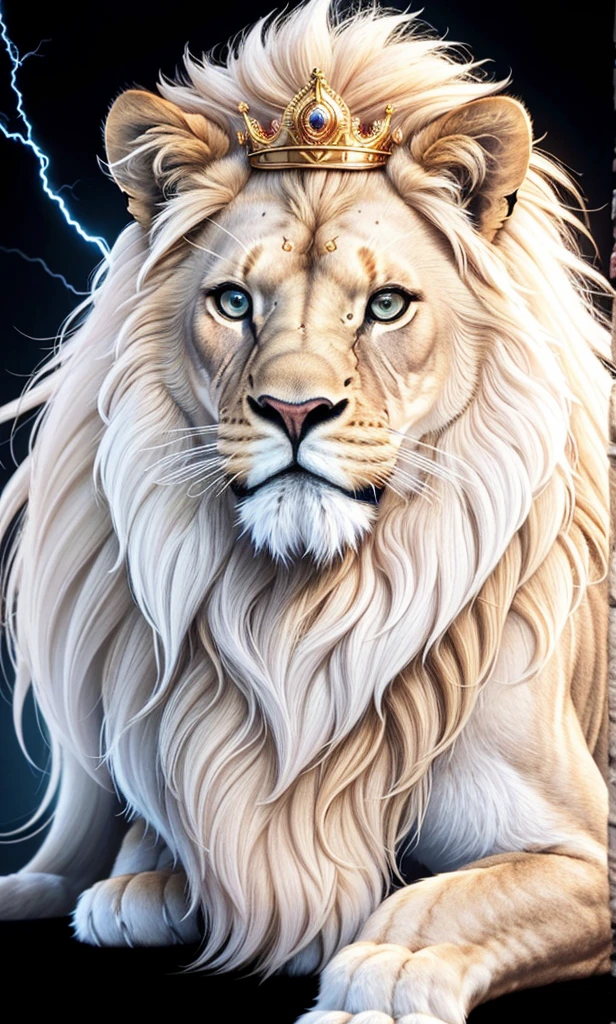Lion, Divine Lion, naturals, thunder, Realistic Lion, rey, realistic detailed, Sunset light, sky, Sol noturno, realistic detailed 16K, Eletricidade Detalhada 8K, darkness background, Texturas realistas de 8K, Cores photorrealistic 8K, fire azul, realistic detailed Fire Bolt, sky Light Detailed, Power of thunder, Divine realistic, golden crown, golden crown, golden crown, naturey, Linda, Rendering, photorrealistic, UltraHigh definition, 4K, detailed textures, thunder, detailed shadows, detailed colors, neon blue, blue light, lightnings, blue power, Beautiful nature, Great Divine, peaceful face, gold Crown, King, naturalss, lightning, Electric Power Screw, detailed contrast, realistic contrast, high resolution, detailed colors, fire, villany, divine creature, 8K FullHD, realistic detailed, 16K, 8K, High definition, detailed contrast, realistic contrast, high resolution, detailed colors, fire, villany, divine creature, 8K Realistic Lion Face, realistic detailed, posh, elegance