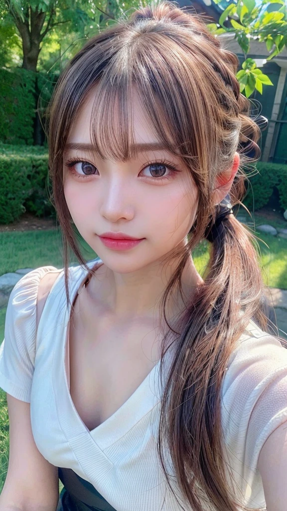One piece with collar,outdoors,Urban Park,On the lawn,Ultra-detailed, finely detail, hight resolution, 8K Wallpaper, Perfect dynamic composition, Beautiful detailed eyes,Outdoor,Close-up of face,Outdoor,Blushing,Facing forward,,Long hair ponytail,((8k, Raw photo, Best Quality, Mastepiece:1.2), (Realism, Photorealistic:1.4), (Highly detailed 8K wallpapers), Depth of written boundary, Cinematic Lighting, Soft Light, Detailed Beauty Eye,Shiny and smooth light brown ponytail, Asymmetrical bangs, Shiny skin, Ultra-detailed skins ,It is high resolution., High detail, Detailed hairstyle, Detailed facial beauty, Hyper-realistic, Perfect limbs, Perfect  ,1 Japanese girl,Famous Japanese Idols, Perfect female body,A shy smile,Short eyelashes,Double-edged eyelids,Look straight here,Hair style: ponytail,