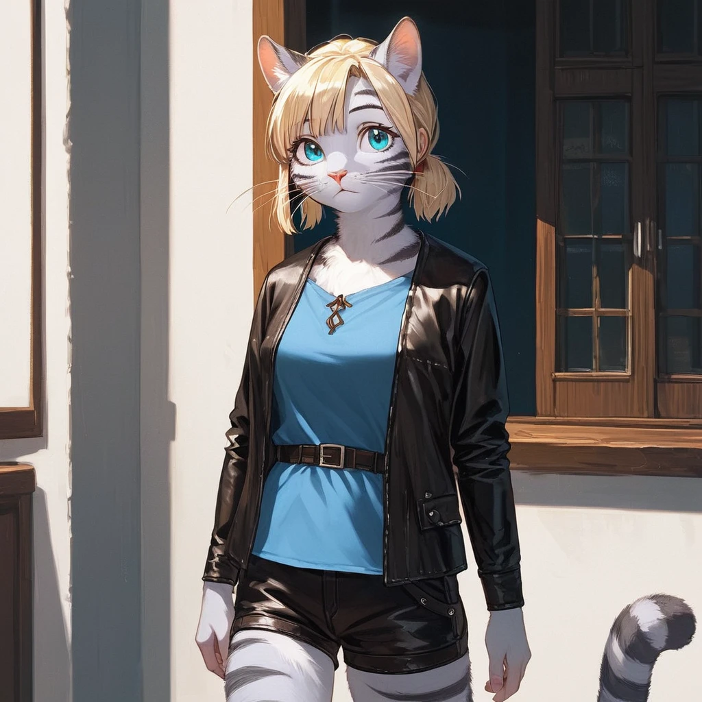 score_9,score_8_up,score_7_up, source_cartoon, first colors, studio ghibli style, kat, (masterpiece, best quality:1.2), an anthro furry feline girl, silver fur, grey stripes, pink nose, solo, :3, blue eyes, white whiskers, short blonde hair, pony tail, side locks, tall body, wearing short blue tunic, leather straps, brown strapped leather shorts, standing
