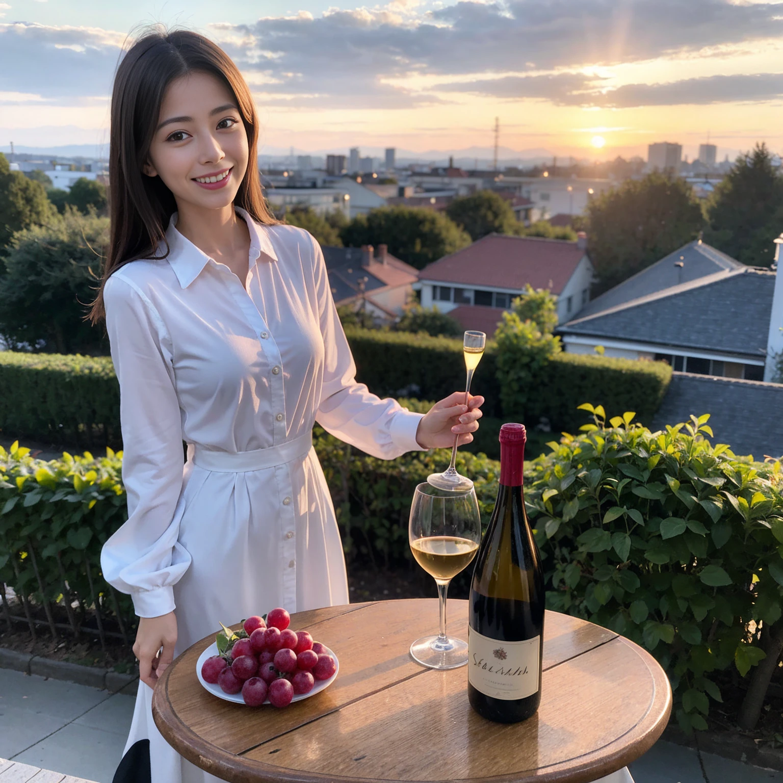 ((Highest quality、8K、masterpiece:1.3))、1 male 1 female、Satomi Ishihara、 years old、Slim Beauty、Pink Couple、smile、 (Slim face), (the body is スリム), (Brown Hair), (Shortcuts), テーブルのフルコースディナーとwine glass、Amazing view of the sunset sky and clouds、smileの美しさ、Wine bottle、sparkling wine、Long sleeve shirt、dress、White wine, red wine, wine glass, 