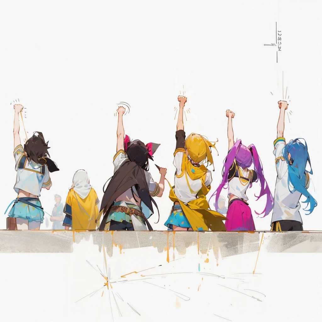 anime painting　Raise your fist　Back view　fellow　Raise your arms　cool　Departure　pirate　men and women　Background white