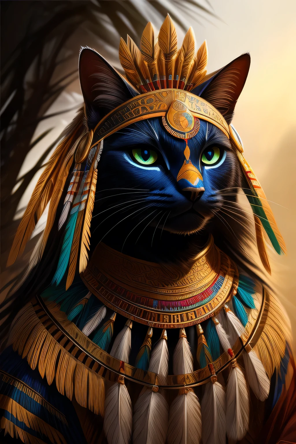 A black anthropomorphic cat with a full face sits quietly, donning a traditional Indian headdress adorned with vibrant feathers. The cat's war paint, intricately designed, covers its face, adding a fierce and powerful appearance. Its eyes gleam with a sense of mystery and intelligence, as it observes the western-style surroundings that lie before it.