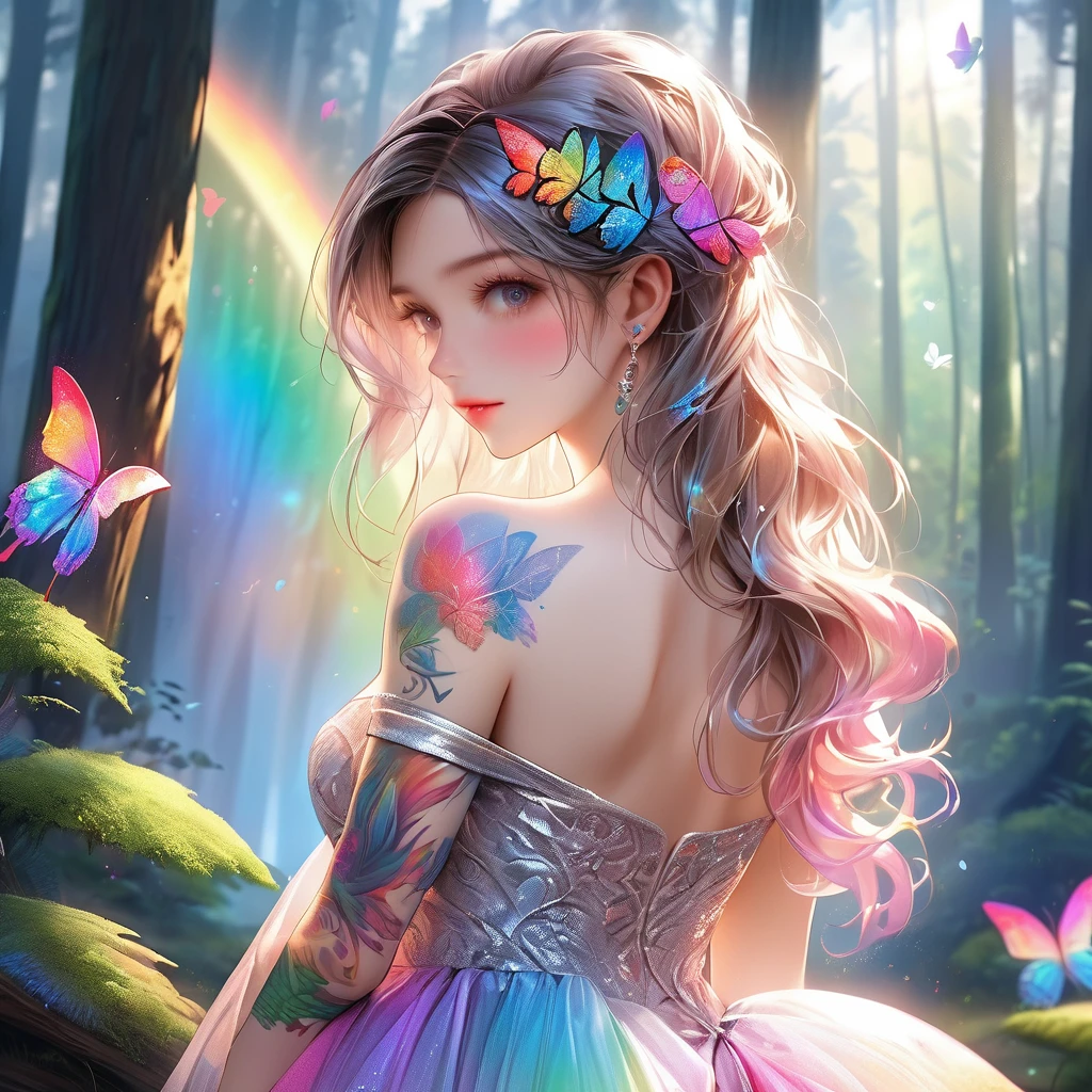 RAW Photos:1.2, masterpiece, Highest quality, 16K, Unbelievably absurd, Very detailed, Perfect beauty, Beautiful cute girl, A sheer dress, Off the shoulder, Strapless, Rainbow gradient, Tattoo butterfly arm, forest, Back view