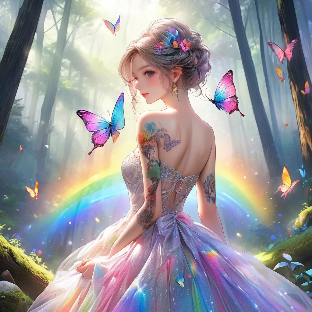 raw photo:1.2, masterpiece, highest quality, 16k, unbelievably absurd, very detailed, perfect beauty, beautiful cute girl, sheer dress, off shoulder, strapless, rainbow gradation, tattooed butterflies arms, forest, back view