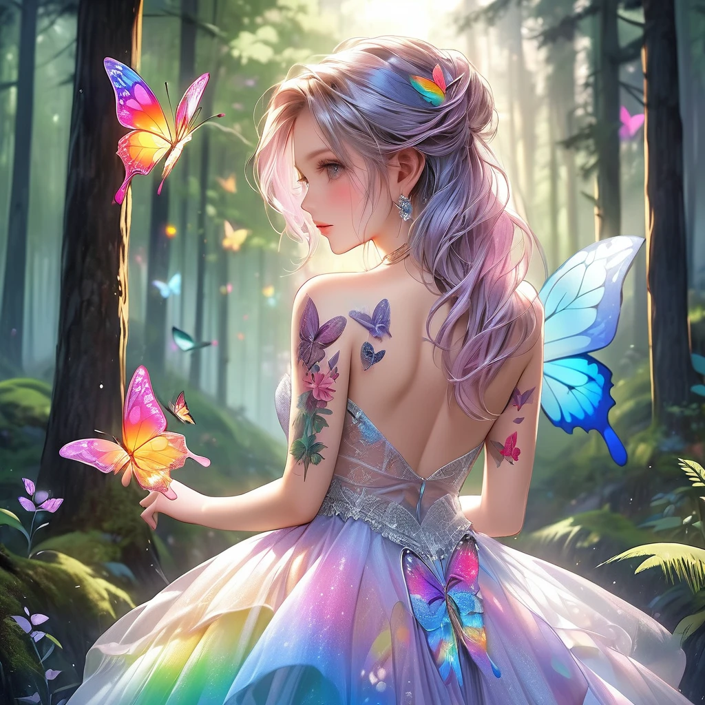 RAW Photos:1.2, masterpiece, Highest quality, 16K, Unbelievably absurd, Very detailed, Perfect beauty, Beautiful cute girl, A sheer dress, Off the shoulder, Strapless, Rainbow gradient, Tattoo butterfly arm, forest, Back view