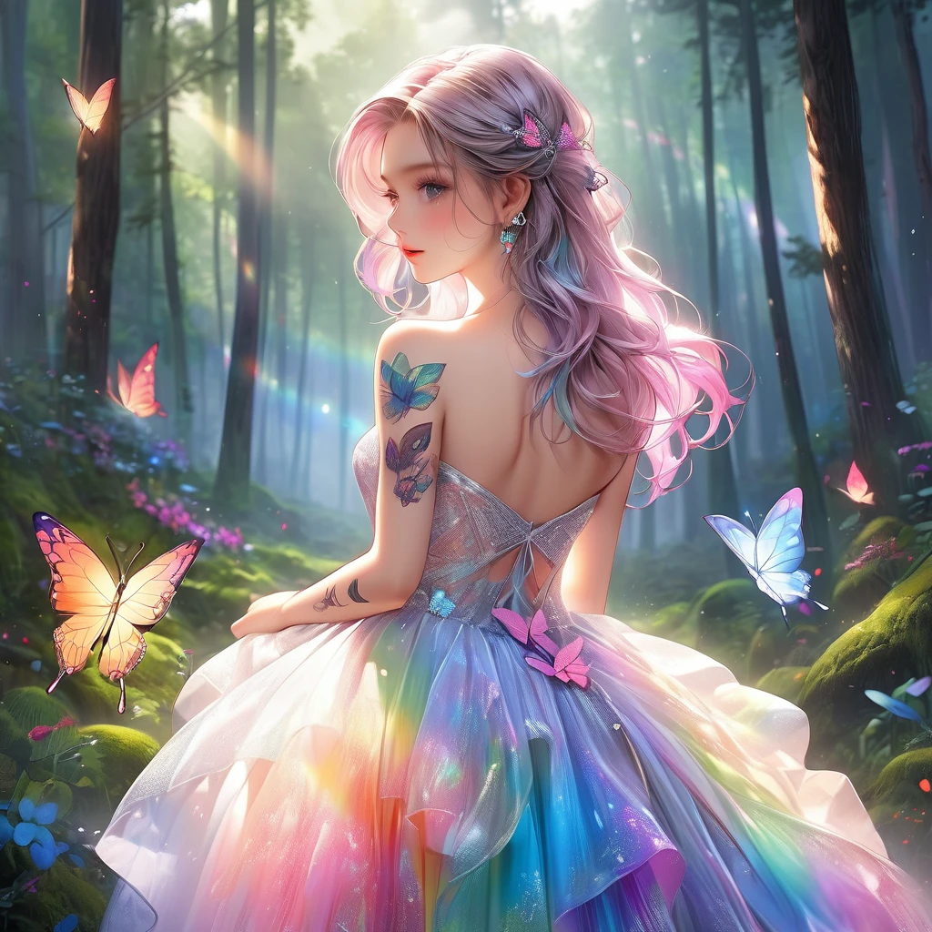 RAW Photos:1.2, masterpiece, Highest quality, 16K, Unbelievably absurd, Very detailed, Perfect beauty, Beautiful cute girl, A sheer dress, Off the shoulder, Strapless, Rainbow gradient, Tattoo butterfly arm, forest, Back view