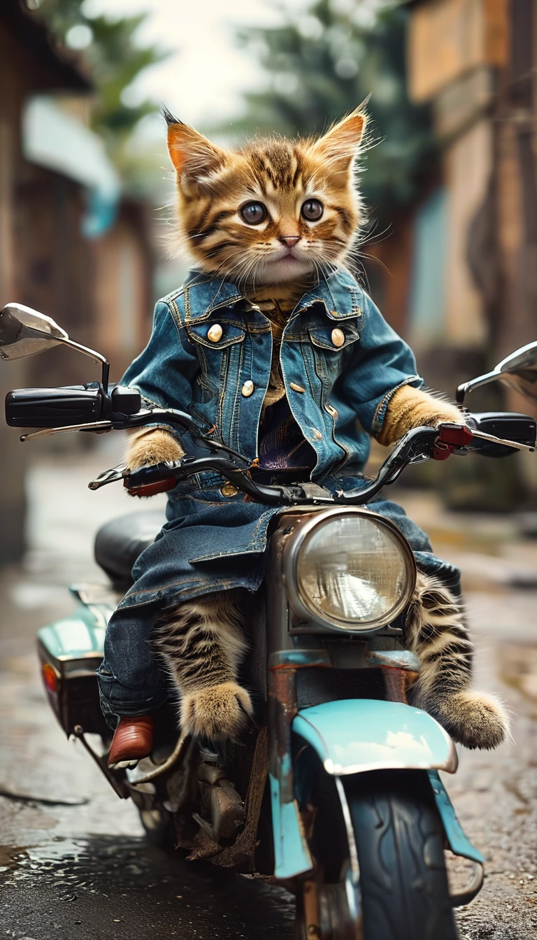 small cat, riding a motorbike, with human clothes