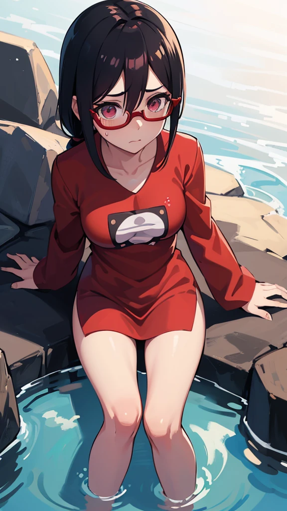 Sarada exibindo sexualmente o seu corpo, calcinha fina e transparente, underboob, cameltoe, pubic hair
