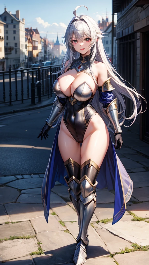 Woman knight、a beauty girl、huge tit、Excellent style、Nice Buddy、glamorous、leotard、s Armor、Shoulder rest armor、Bra chest armor、knee boots、gauntlets、hair adornments、silber hair、Longhaire、Ahoge、is standing、full body seen 、Medieval city、Walking、slightly open mouth、a smile、