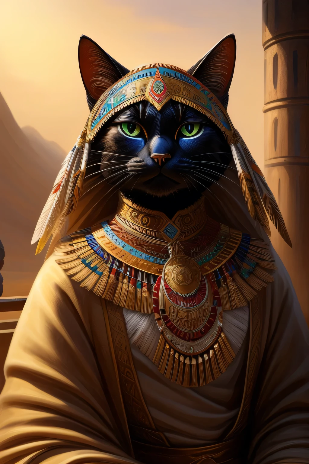 A black anthropomorphic cat with a full face sits quietly, donning a traditional Indian headdress adorned with vibrant feathers. The cat's war paint, intricately designed, covers its face, adding a fierce and powerful appearance. Its eyes gleam with a sense of mystery and intelligence, as it observes the western-style surroundings that lie before it.
