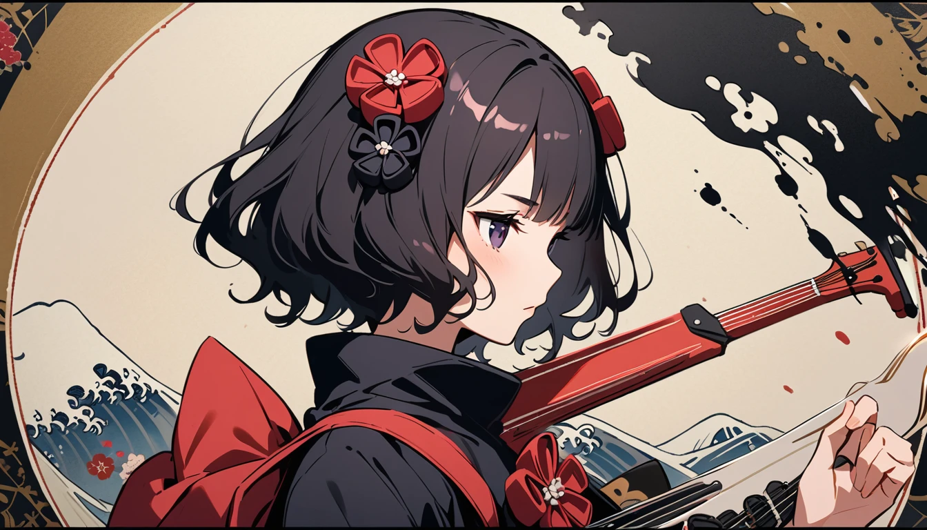 (((Highest quality))), (((Katsushika Hokusai))), (((Ink Painting))), ((very straight longhair)), ((1 girl)), ((sunglasses)), ((beautiful girl)), ((Holding a Les Paul guitar)), Japanese style headphones, Black Hair, Delicate and precise, Modern ukiyo-e style, face close up