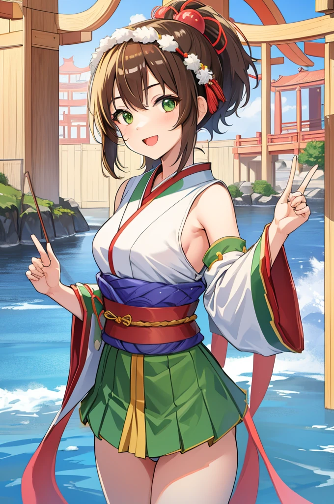masterpiece、High resolution、Highest quality、1 girl、natsuiro matsuri、Festival Base、Brown Hair、High ponytail、Round green eyes、short hair、Headband、Bleaching、Loincloth、Blue Japanese traditional mikoshi costume、Open、smile、front、