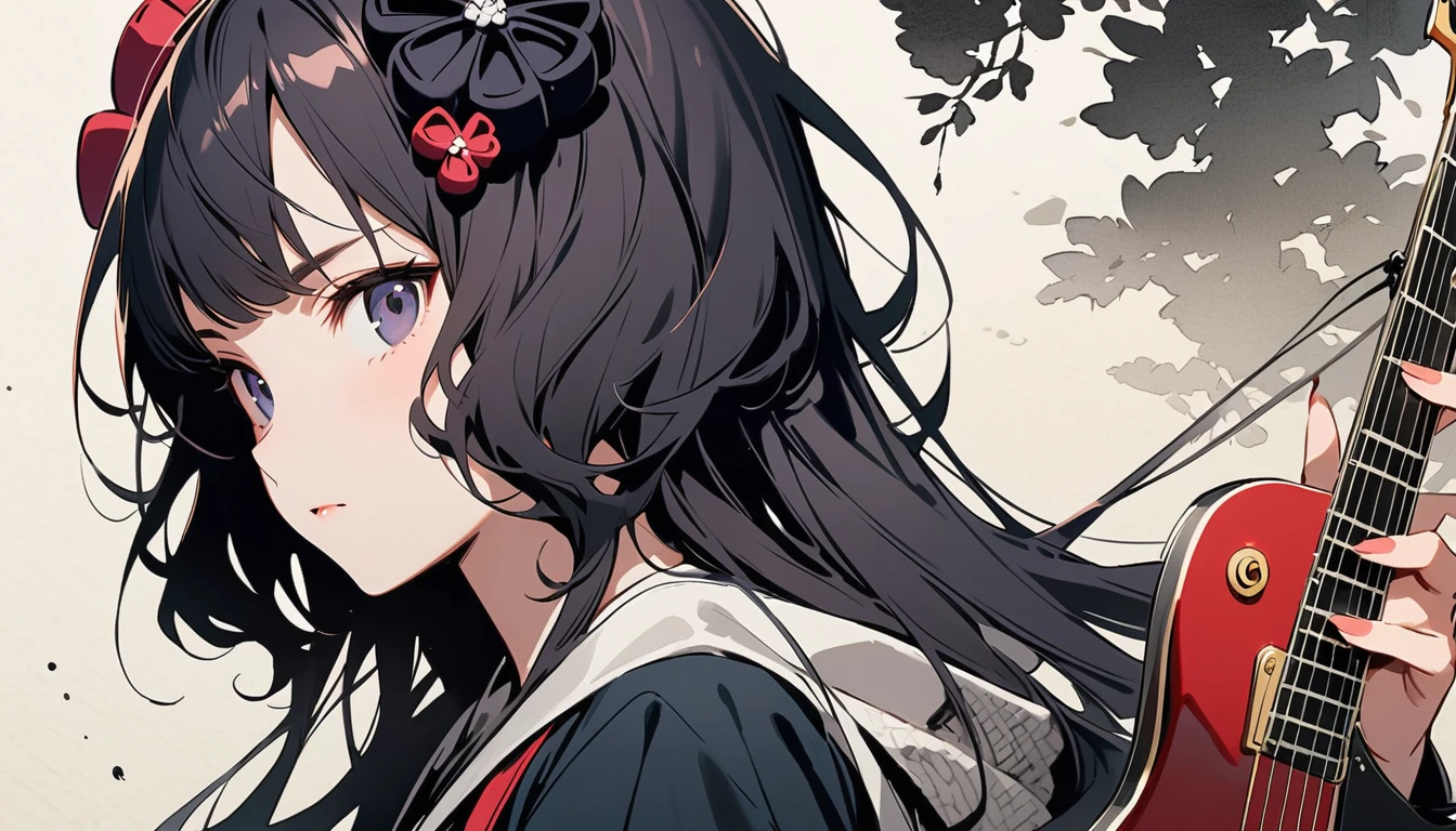 (((Highest quality))), (((Katsushika Hokusai))), (((Ink Painting))), ((very straight longhair)), ((1 girl)), ((sunglasses)), ((beautiful girl)), ((Holding a Les Paul guitar)), Japanese style headphones, Black Hair, Delicate and precise, Modern ukiyo-e style, face close up