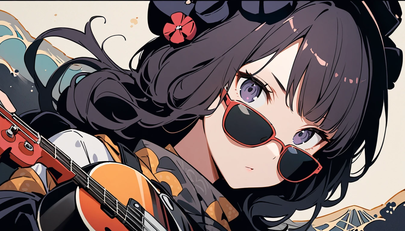 (((Highest quality))), (((Katsushika Hokusai))), (((Ink Painting))), ((very straight longhair)), ((1 girl)), ((sunglasses)), ((beautiful girl)), ((Holding a Les Paul guitar)), Japanese style headphones, Black Hair, Delicate and precise, Modern ukiyo-e style, face close up