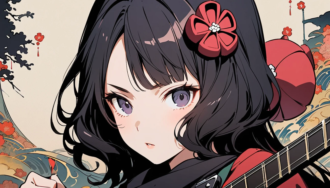 (((Highest quality))), (((Katsushika Hokusai))), (((Ink Painting))), ((very straight longhair)), ((1 girl)), ((sunglasses)), ((beautiful girl)), ((Holding a Les Paul guitar)), Japanese style headphones, Black Hair, Delicate and precise, Modern ukiyo-e style, face close up