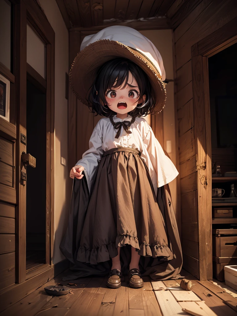 In a dimly lit haunted house, horror, fear, screams