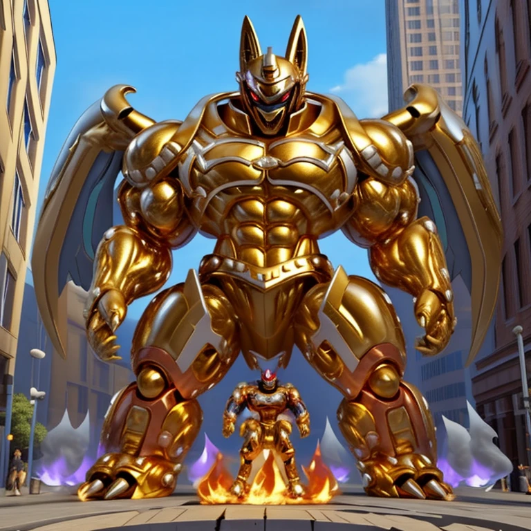 (Solo. masterpiece. official art. 8k. best quality. detailed full body. full body.)
(situation 1 : dominating Shiny_Mega_Lucario. Shiny_Mega_Lucario is over 1000 meters long. focus GIANT mechanical Muscular Shiny_Mega_Lucario is trampling the city. Looking down. macro. stomp. Low-angle perspective. emphasizing the immense size.)

(situation 2 :smoke and flames rising from the destruction in the city)

(Additional details 1: wearing a full-face helmet. golden armor. Armored Flazzard. Armored_Flazzard. high-tech bio-mecha armor. real texture material. whole body shines like metal. Wearing cyberpunk mecha. emphasizes the muscles. suit fully made of metal. intricate armor. Robotic suit. suit fully made of metal. cyborg. He is wearing a golden cloak.).

(Additional details 2: (Detailed head. Detailed Body. Detailed abs. gigantic muscles. HYPER MUSCLES. Gigachad Muscular. big muscle. pecs. triceps. traps. unusually developed muscular body. body full of huge muscles. showing off muscles. pectorales enormes. Exaggeratedly huge muscles. huge muscles. long legs.).

(Additional details 3: Spread wings. It has wings. have big wings. The claws are sharp. Sharp teeth).

(Additional details 4: golden hyper penis. hyper golden penis. big penis)  (medieval armor : 0.8)