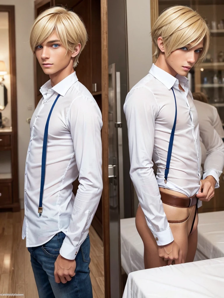 (best quality), 1boy, tanned skin, blonde hair, short hair, side bangs, beautiful hairstyle, blue eyes, perfect eyes, femboy, slender, handsome, attractive, fully clothed, skinny body, crossdresser, cute clothes, masterpiece, anatomically correct, highres