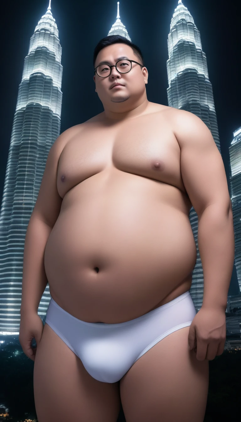 A fat man，Obsessed with the eyes，Black round glasses，short hair，Round inches，Big round face，Very large and well-developed chest muscles，Big full belly，Standing on the twin towers of Kuala Lumpur at night，The upper body is bare，Wearing white briefs with bulge in the crotch，Oriental male，full-body shot