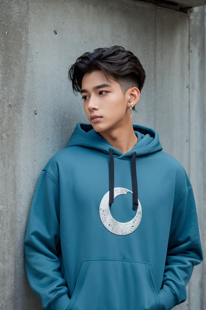 Cool young man hoodie moon earrings