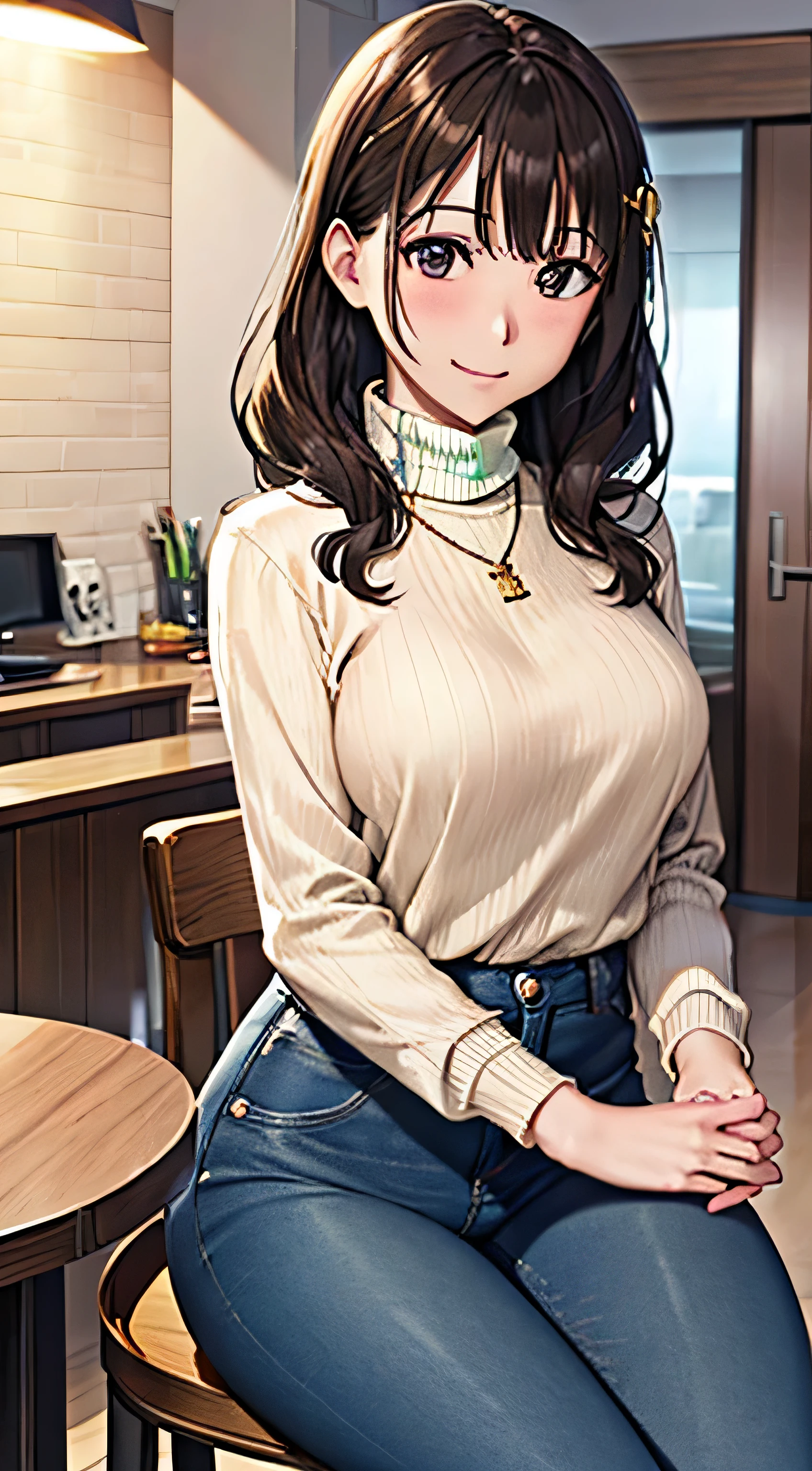 ((Tabletop, Highest quality, High resolution, , Pixel Perfect, 4K,))), 1 female, 、The whole body is visible、 ((Long Wavy Hair, bangs, Brown Hair)), ((Brown eyes, Beautiful eyelashes, Realistic eyes)), ((Detailed face, Blushing:1.2)), ((Smooth texture:0.75, Realistic texture:0.65, Realistic:1.1, Anime CG Style)), Medium sized breasts, Dynamic Angle, Perfect body, (( , , Light beige sweater、No bra、、 Tight jeans pants、、、)), Gold Hair Ornament、Cross Necklace、、Very embarrassing panic smile, 、、、、、、Nipples are slightly visible、、、sitting on top a table、、Luxury apartment kitchen、、、、、、 、)、