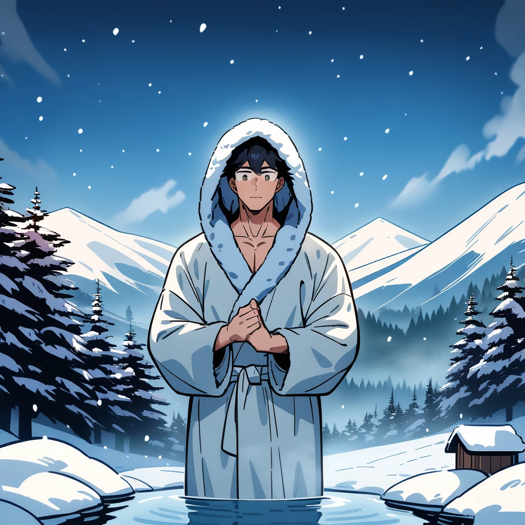 Masterpiece, best quality, very aesthetic, absurdres, create an image of anime ((male character)) and landscape in comedy shounen art style. up in the middle of dark high mountain, with blizzard snow and freezing temperatures, there are no shelter to be found. there is only a tiny hot spring available only. our ((male hero)), wearing bath robe, take a dip into the hot spring to keep warm