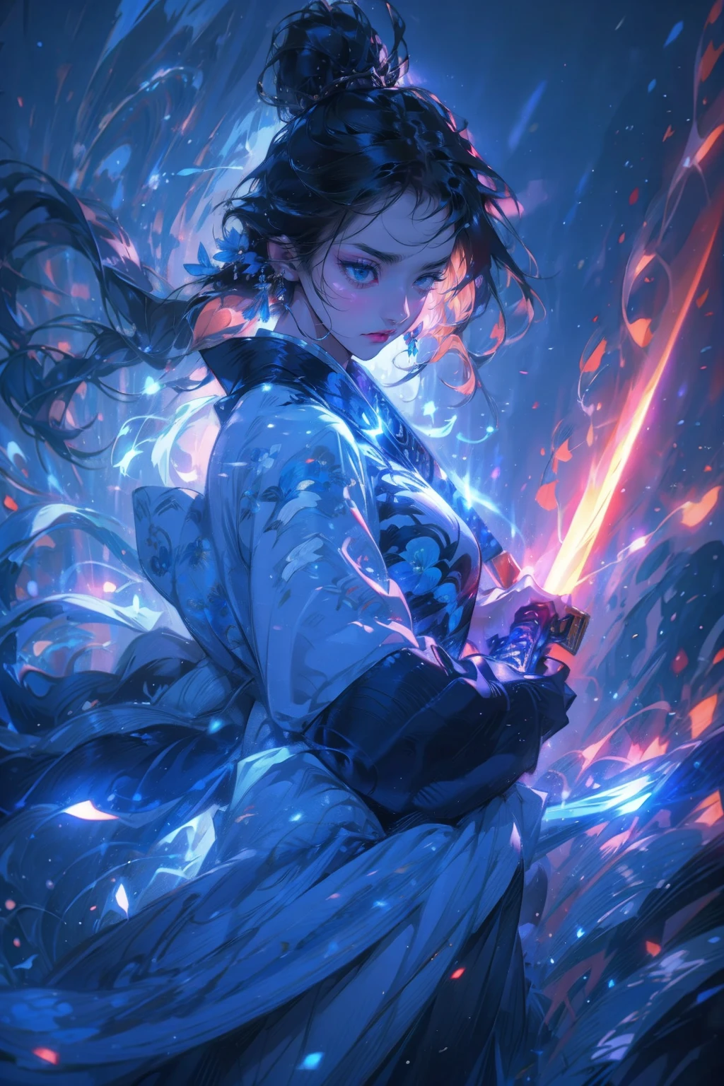 1girl,solo,cool,yukata,she hold a sword,flaming sword,Chinese style, red lightning