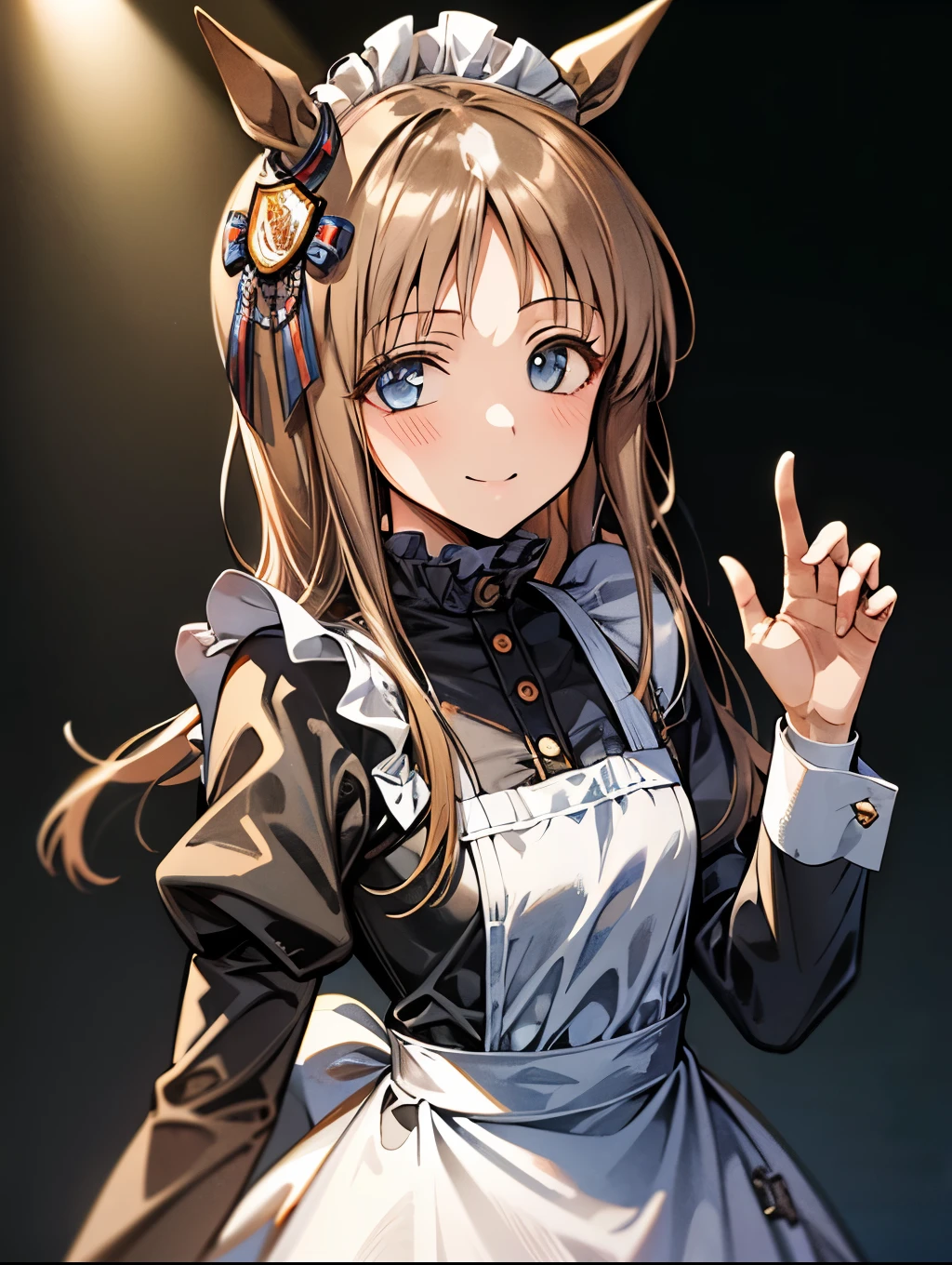 grass wonder \(Umamusume\), 1 girl, Solo, Best Quality, masutepiece, 8K, High resolution, Ultra-detailed, light smile, gentle smile, (maid dress), black dress, long sleeves, puffy sleeves,
white katyusha, frilled katyusha, white apron, frilled apron,