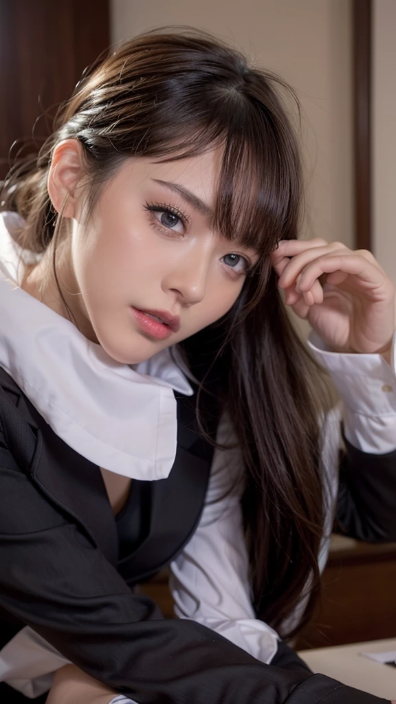 ((shoot from front)), masterpiece, Best Quality, Illustration, Ultra-detailed, finely detail, high resolution, 8K Wallpaper, Perfect dynamic composition, Beautiful detailed eyes, Natural Lip, Big breasts, cleavage, looking down:1.2, sitting on chair, desk working, wearing business suit, (sad), (in the office), Japanese beauty girl, 20 years old,