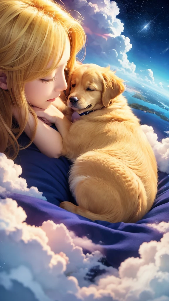 Golden retriever sleeping on a cloud、Anime Style、night、Fantasy