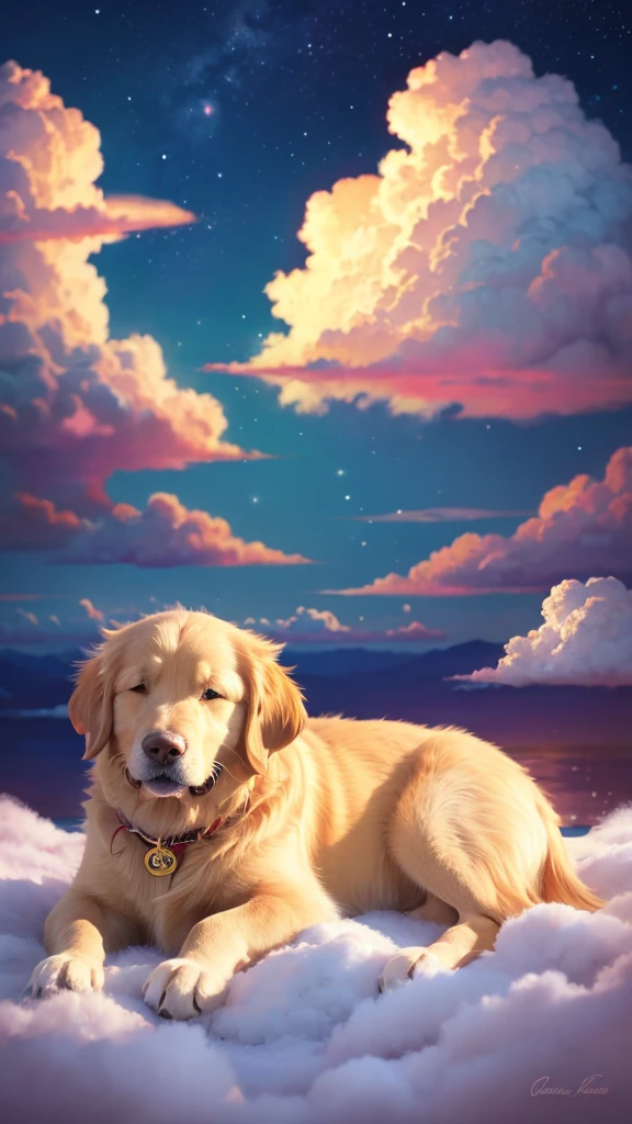 Golden retriever sleeping on a cloud、Anime Style、night、Fantasy