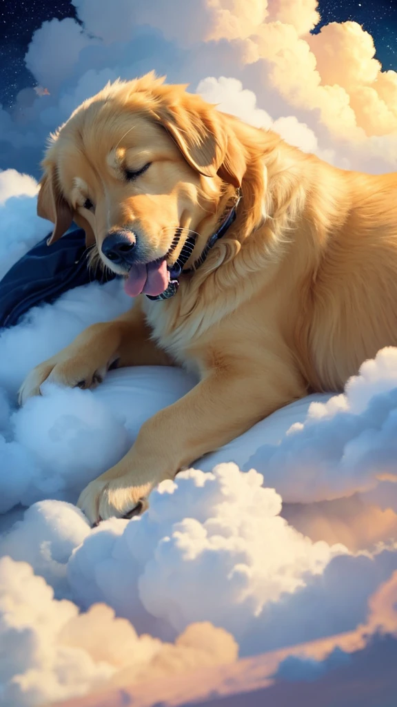 Golden retriever sleeping on a cloud、Anime Style、night、Fantasy