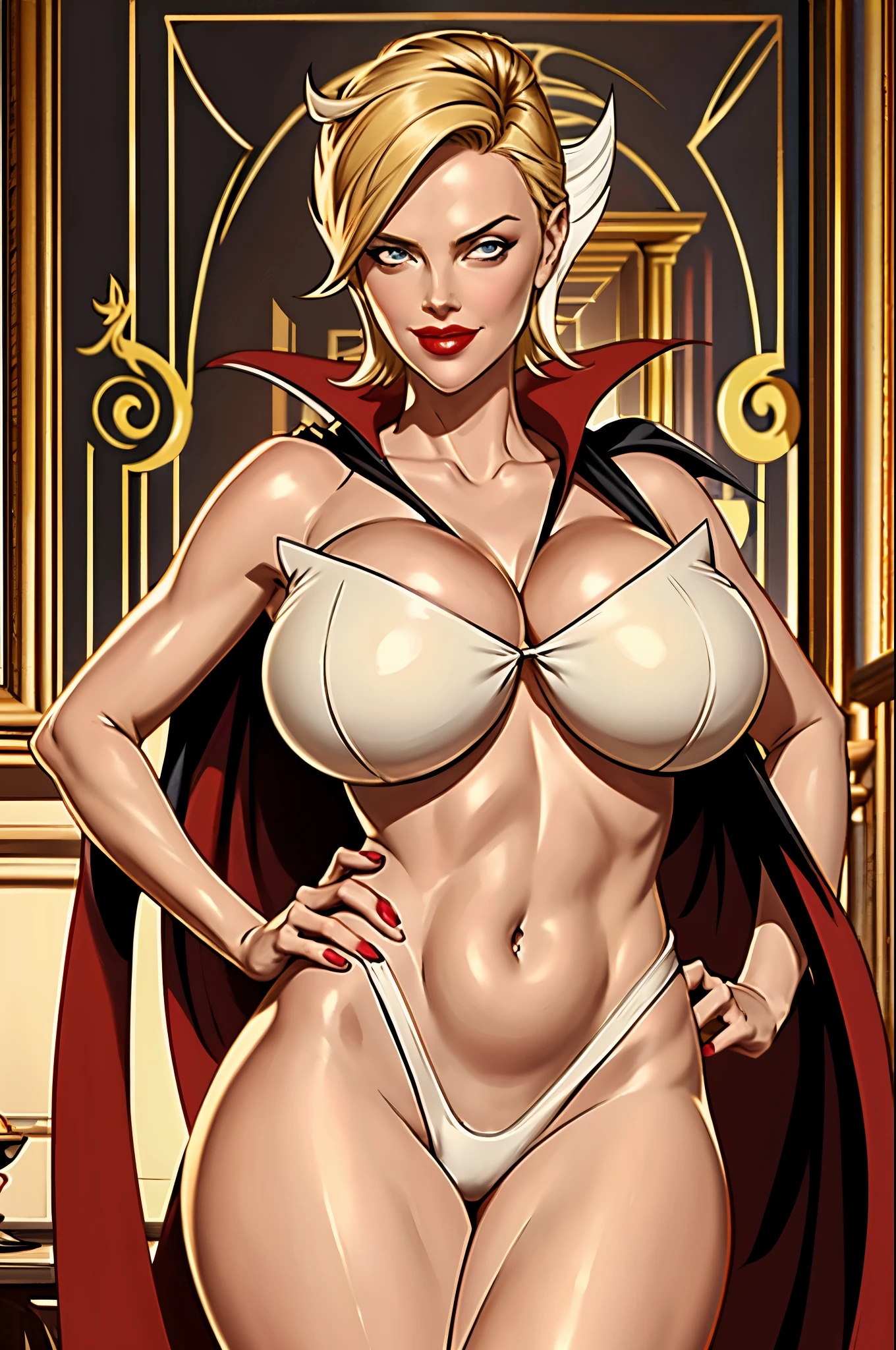 masterpiece, cinematic, Charlize Theron, Doronjo, perfect face, bong blonde hair, long red nails, red lipstick, voluptuous body, Large Breasts, Cleavage, narrow waist, big ass, alluring, glamorous, Smile, arms crossed, chest up, flattering
