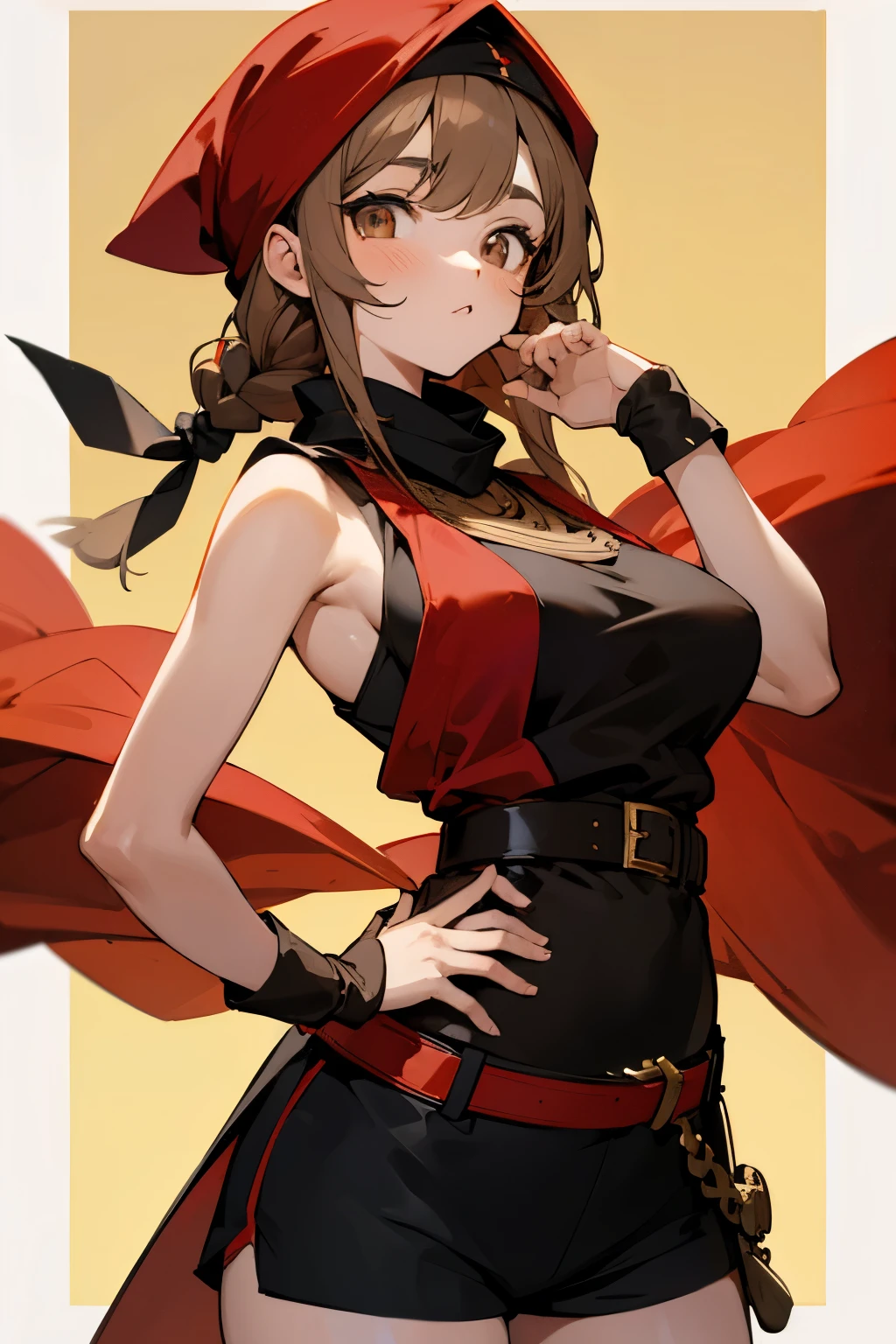 Cute girl, light brown eyes, red and black Turkish country dress, black turban, big breasts, loose shorts, black belt