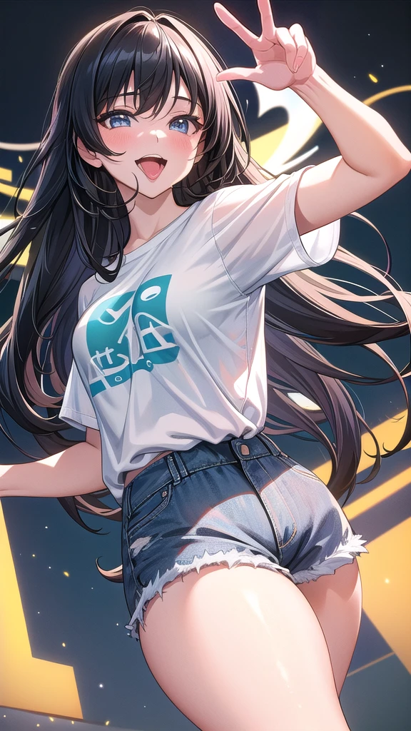 20-year-old,1 Girl, Extremely thick thighs, Surreal, 8K, (Extremely detailed 8K), (Very delicate and beautiful), (masterpiece), (Better Quality:1.0), (Ultra-high resolution:1.0), (masterpiece, Highest quality), cute,Black Hair,Long Hair、Laughing with your mouth open,Glowing Skin,, Short sleeve shirt,Short denim pants、Leaning forward,Reaching out,Low - Angle,