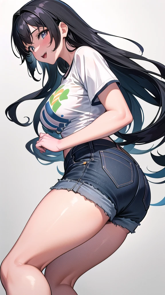 20-year-old,1 Girl, Extremely thick thighs, Surreal, 8K, (Extremely detailed 8K), (Very delicate and beautiful), (masterpiece), (Better Quality:1.0), (Ultra-high resolution:1.0), (masterpiece, Highest quality), cute,Black Hair,Long Hair、Laughing with your mouth open,Glowing Skin,, Short sleeve shirt,Short denim pants、Leaning forward,Reaching out,Low - Angle,