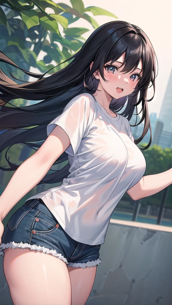 20-year-old,1 Girl, Extremely thick thighs, Surreal, 8K, (Extremely detailed 8K), (Very delicate and beautiful), (masterpiece), (Better Quality:1.0), (Ultra-high resolution:1.0), (masterpiece, Highest quality), cute,Black Hair,Long Hair、Laughing with your mouth open,Glowing Skin,, Short sleeve shirt,Short denim pants、Leaning forward,Reaching out,Low - Angle,