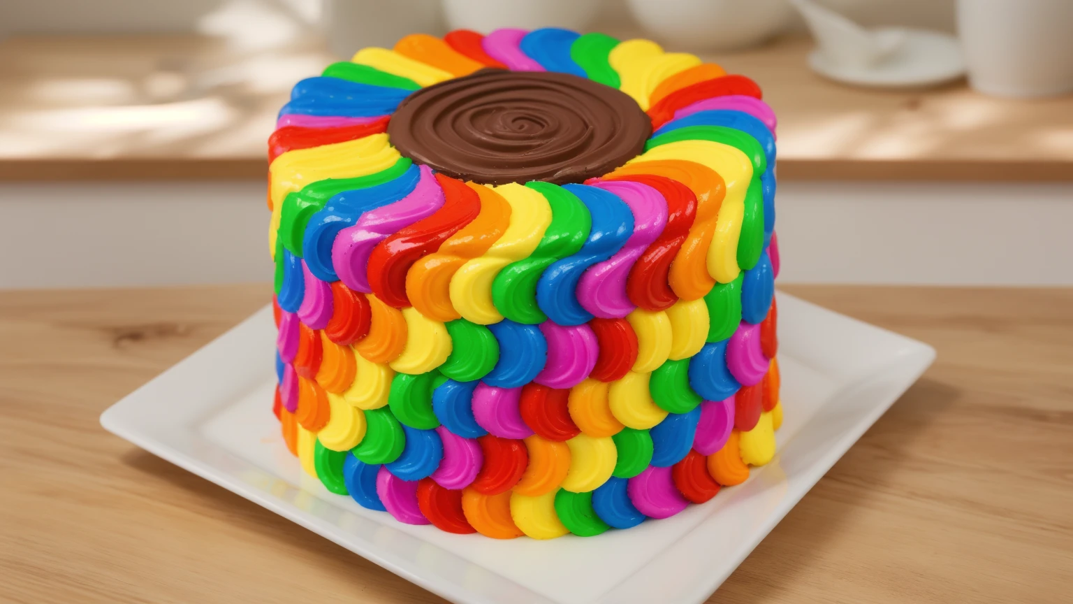 on a wooden table. there is a square white plate. rainbow cream cake. smears of cream in a checkerboard pattern, hole with chocolate drips on top,  ((cream highlights)), against the background of the kitchen, Kitchenware, vases with plants, Beautiful light from the window, contour light, Multiple light sources, beautiful sunlight, Bright light source, bright lighting, beautiful light sources, Multiple light sources, Realistic style , realistic texture, detailed texture, A high resolution, high quality, macro photography 