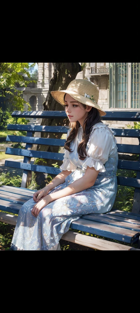 a girl sitting on a bench, sunny day, tree behind her, leaves, soft colors, beautiful detailed eyes, beautiful detailed lips, extremely detailed eyes and face, long eyelashes, intricate detailed face, delicate facial features, elegant pose, natural lighting, warm lighting, (best quality,4k,8k,highres,masterpiece:1.2),ultra-detailed,(realistic,photorealistic,photo-realistic:1.37),vibrant colors, lush greenery, serene atmosphere, peaceful scene, detailed environment, soft focus, cinematic composition, dreamy aesthetic, naturalistic rendering