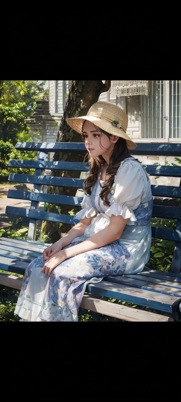 a girl sitting on a bench, sunny day, tree behind her, leaves, soft colors, beautiful detailed eyes, beautiful detailed lips, extremely detailed eyes and face, long eyelashes, intricate detailed face, delicate facial features, elegant pose, natural lighting, warm lighting, (best quality,4k,8k,highres,masterpiece:1.2),ultra-detailed,(realistic,photorealistic,photo-realistic:1.37),vibrant colors, lush greenery, serene atmosphere, peaceful scene, detailed environment, soft focus, cinematic composition, dreamy aesthetic, naturalistic rendering