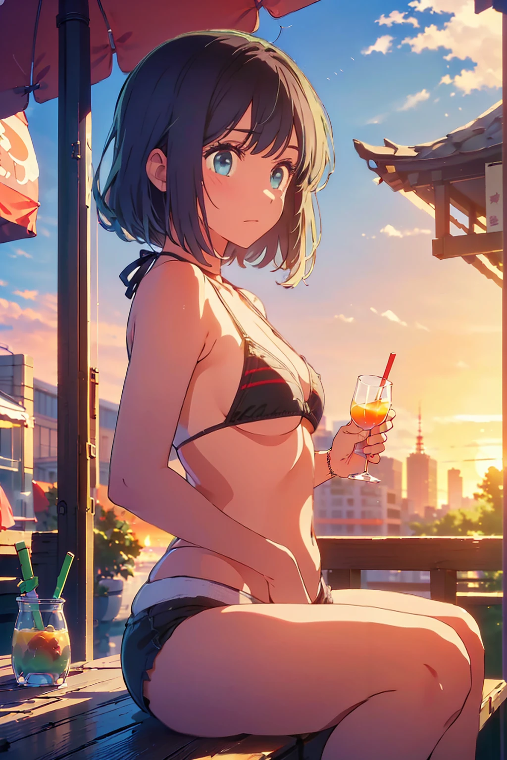 (Highest quality:1.4、masterpiece:1.4、Super detailed:1.4、8K:1.4)、F cup bust、Big Breasts、Slim body、((((1 person、Surprised expression、sit、In the background are the urban buildings of Tokyo、Looking at the camera、Outdoor café terrace、Sunset Beach、Navy hair color、juice、Shooting from a distance、table、sunset、Very cute face))))、(Plain bikini size small:1.4)、Big eyes、((((Shallow depth of field))))、Holding a glass