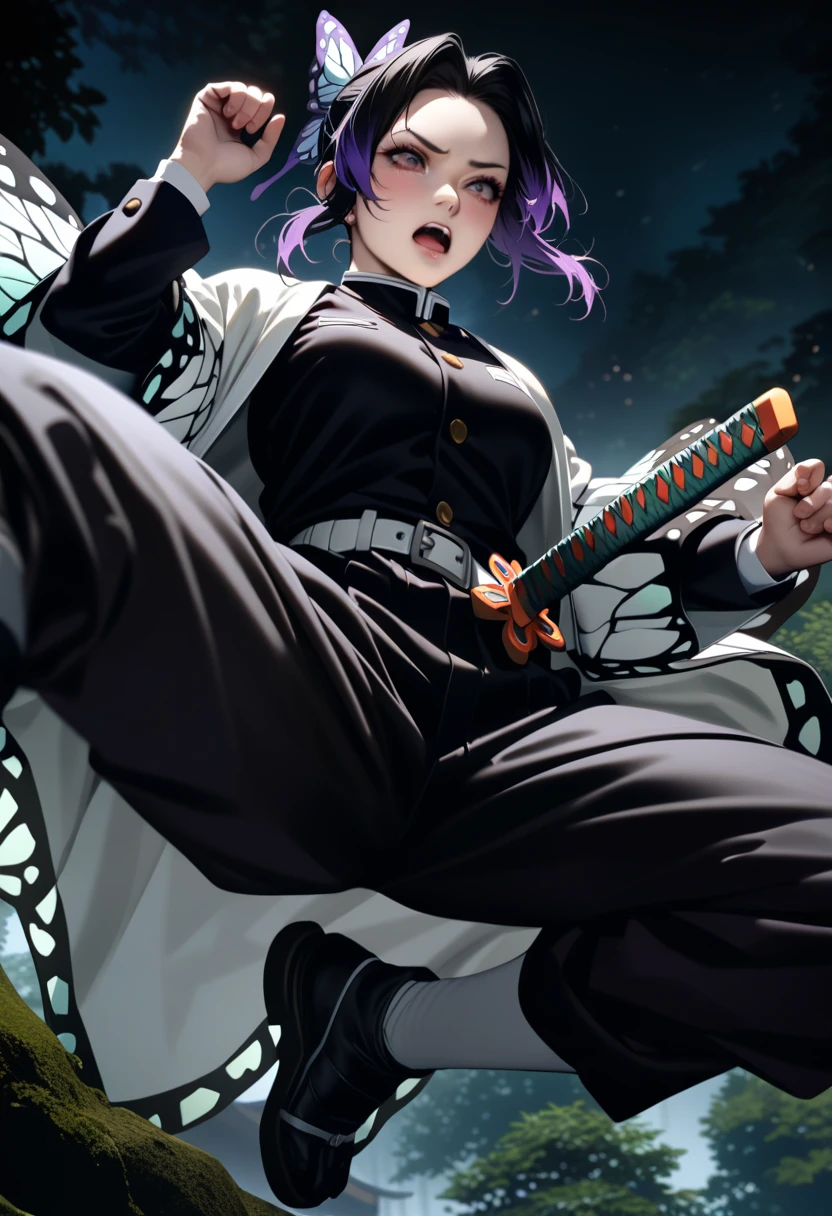 k0ch0ush1n0bu, shinobu kochou, animal print, black hair, butterfly, butterfly hair ornament, butterfly print, forehead, gradient hair, hair ornament, haori, multicolored hair, parted bangs, purple hair, short hair, two-tone hair,belt, black pants, butterfly print, coat, demon slayer uniform, haori, japanese clothes, pants, uniform,,1  japanese muscular girl,perfect hands,perfect anatomy, masterpiece, best quality,realistic, hyperrealistic, 16k hdr,medium breasts,outdoor,night,japanese old garden,(angry:0.8),red blush,dynamic pose,dynamic angle,(jump,in the air:1.2),(from below,spread legs:1.2),(holding japanese sword,butterfly shaped sword guard:1.2) 