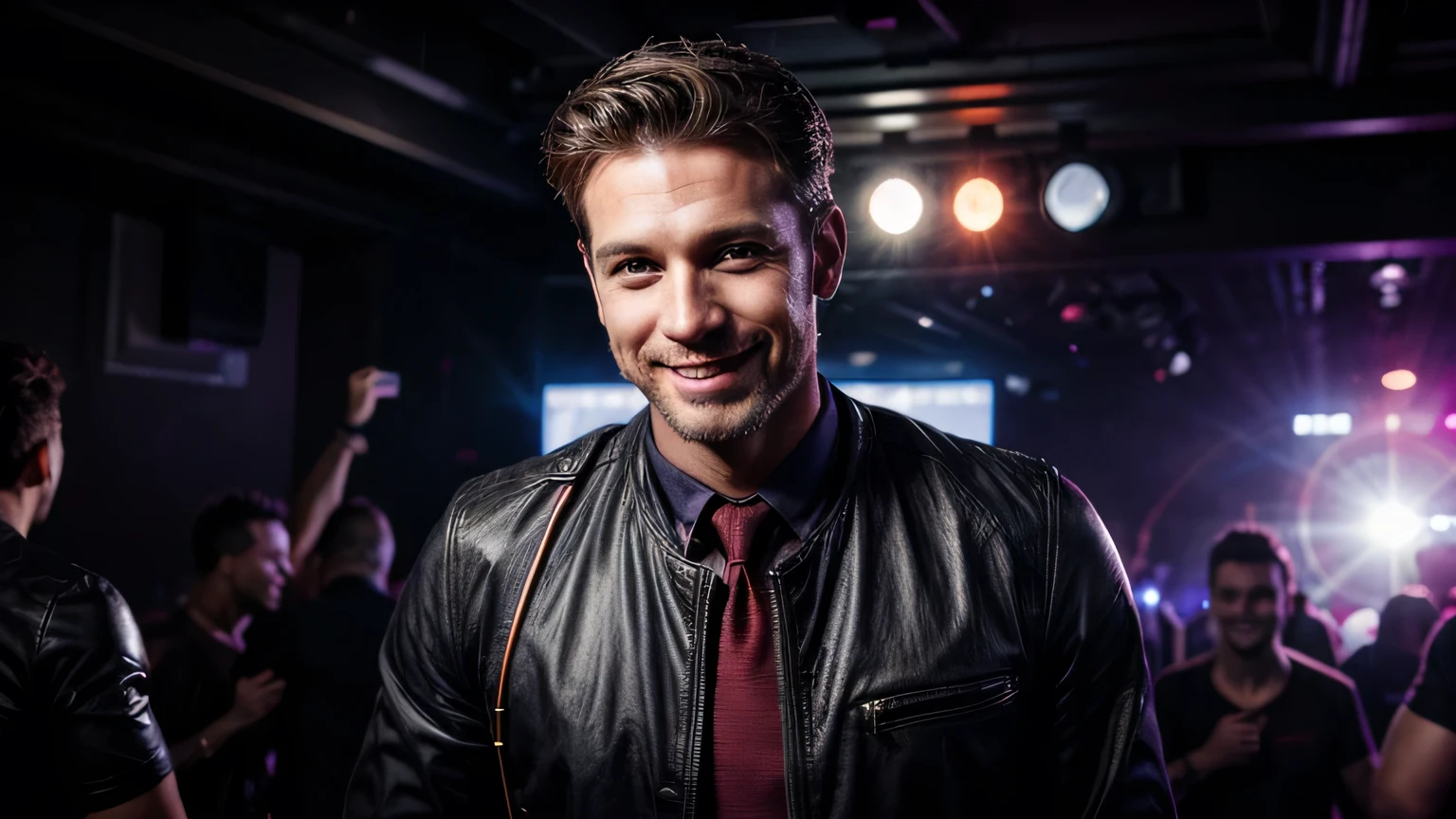 image of a handsome white man, 30years, Doctor, smiling in a nightclub