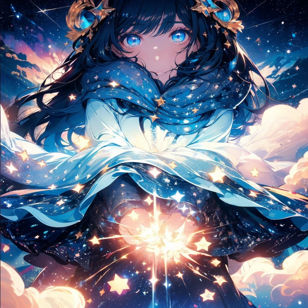 absurderes, ultra-detailliert,bright colour,(in 8K:1.3),masuter piece,extremely beautiful detailed face and eyes, 25 years old,(Smooth straight black hair), (Shiny long hair),(Pattsun bangs), (Deep blue eyes) Delicate beautiful face, red blush, (wearing blue with stars outfit) Nice Spot.