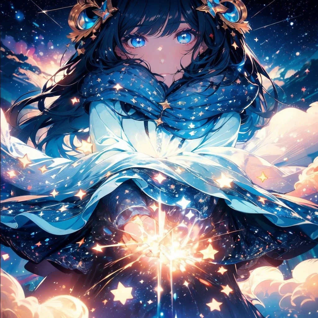absurderes, ultra-detailliert,bright colour,(in 8K:1.3),masuter piece,extremely beautiful detailed face and eyes, 25 years old,(Smooth straight black hair), (Shiny long hair),(Pattsun bangs), (Deep blue eyes) Delicate beautiful face, red blush, (wearing blue with stars outfit) Nice Spot.