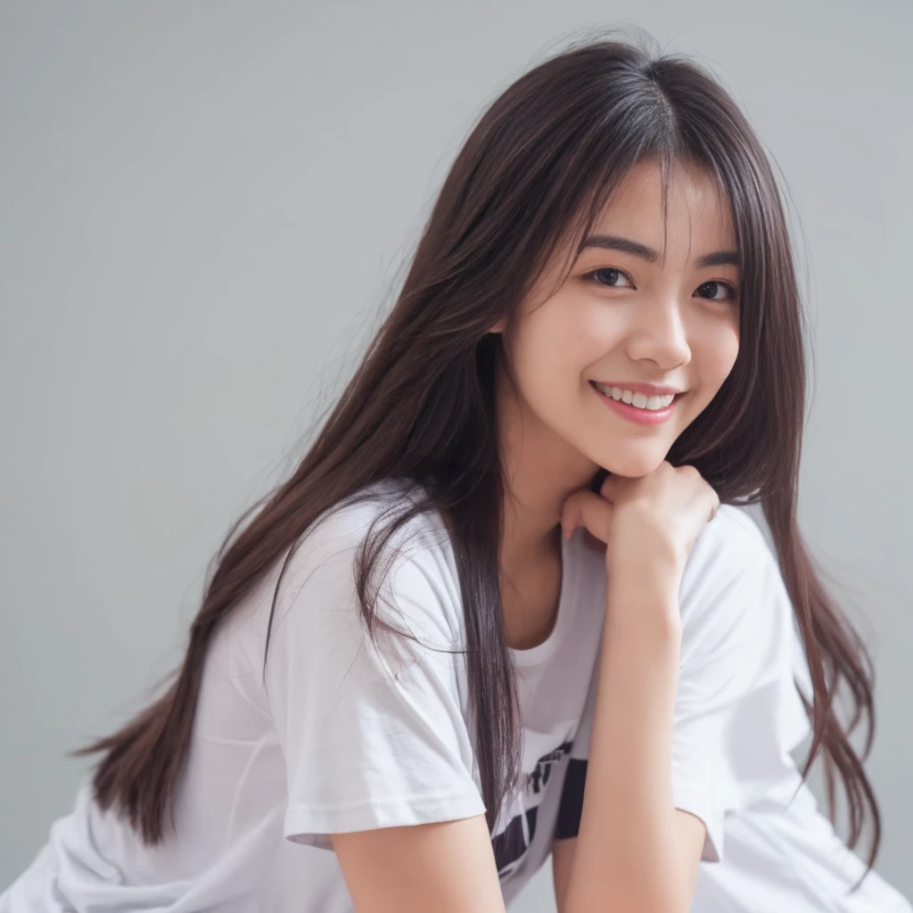 Foreign woman, dark hair, long hair, white t-shirt, smiling, gray background, heart in hand