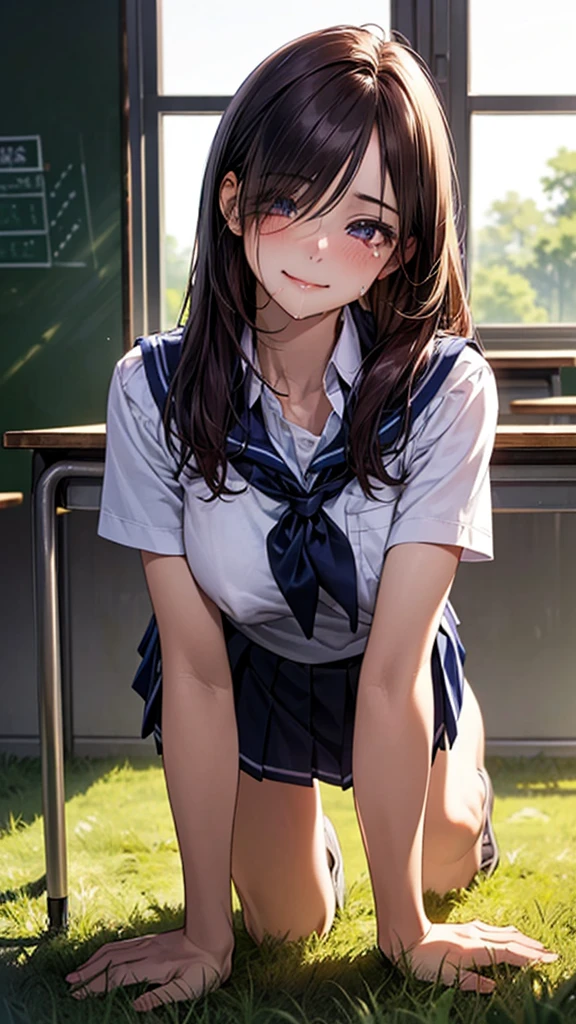 (masterpiece:1.2, top-quality), (realistic, photorealistic:1.4), beautiful illustration, (natural side lighting, movie lighting), nsfw,
looking at viewer, face focus, upper body, 1 girl, japanese, high school girl, perfect face, cute and symmetrical face, shiny skin,
(long hair:1.5, straight hair:1.4, dark purple hair), hair over one eye, dark purple, long eye lasher, (large breasts, seductive thighs, big ass), nipple hardening, slender,
beautiful hair, beautiful face, beautiful detailed eyes, beautiful clavicle, beautiful body, beautiful chest, beautiful thigh, beautiful legs, beautiful fingers,
((detailed cloth texture, short sleeves white collared shirts, navy pleated mini skirt), black tie),
(beautiful scenery), evening, (school class room), school desk, school chair, window, curtains, blackboard, standing, (lovely smile, upper eyes), In a grassy meadow, a girl is on all fours, and a dog is holding her from behind and holding her close at the waist.
The girl's face is bright red and flushed, her eyes are closed, her mouth is open, and she cries out.In a grassy field, a girl is on all fours, and a dog is hugging her from behind, holding her back and holding her close at the waist.
The girl's face is bright red and flushed, her eyes are closed, her mouth is open and she cries out.