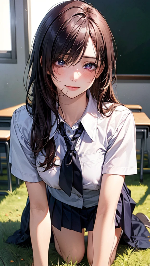 (masterpiece:1.2, top-quality), (realistic, photorealistic:1.4), beautiful illustration, (natural side lighting, movie lighting), nsfw,
looking at viewer, face focus, upper body, 1 girl, japanese, high school girl, perfect face, cute and symmetrical face, shiny skin,
(long hair:1.5, straight hair:1.4, dark purple hair), hair over one eye, dark purple, long eye lasher, (large breasts, seductive thighs, big ass), nipple hardening, slender,
beautiful hair, beautiful face, beautiful detailed eyes, beautiful clavicle, beautiful body, beautiful chest, beautiful thigh, beautiful legs, beautiful fingers,
((detailed cloth texture, short sleeves white collared shirts, navy pleated mini skirt), black tie),
(beautiful scenery), evening, (school class room), school desk, school chair, window, curtains, blackboard, standing, (lovely smile, upper eyes), In a grassy meadow, a girl is on all fours, and a dog is holding her from behind and holding her close at the waist.
The girl's face is bright red and flushed, her eyes are closed, her mouth is open, and she cries out.In a grassy field, a girl is on all fours, and a dog is hugging her from behind, holding her back and holding her close at the waist.
The girl's face is bright red and flushed, her eyes are closed, her mouth is open and she cries out.