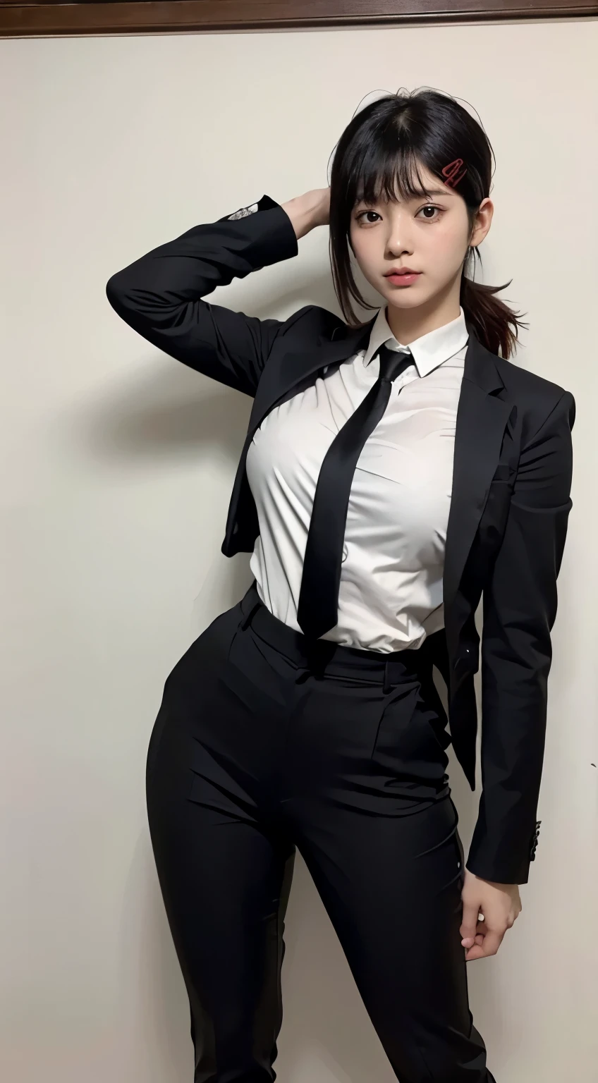 Highest quality、Ultra-high resolution、Professional Lighting、Detailed Background、workroom、full body,Kobeni-chan、A sloppy smile、25-year-old woman、beautiful girl、(Kobeni-chan、Jet black hair, Black Hair, bangs, One-sided hair,)、(Red Hair Clip:1.1)、(White shirt:1.2)+(Black tie:1.2)+(black long pants for work:1.2)、(Huge breasts that look like they might burst:1.2)、(Big thighs:1.1)、Are standing、Model pose