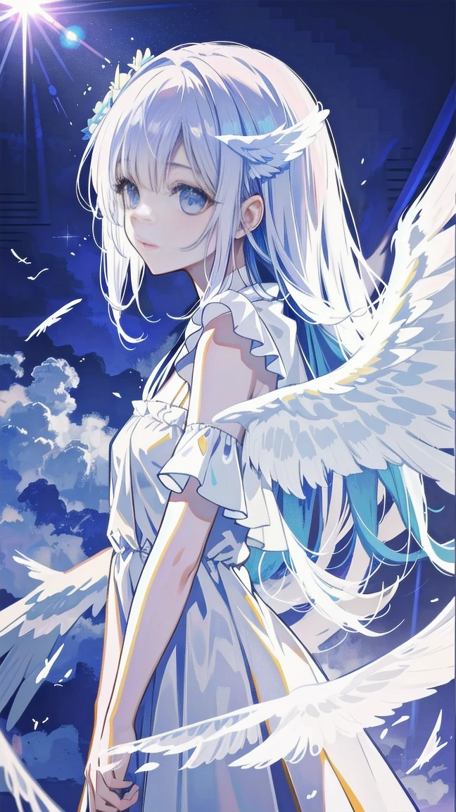 a beautiful angel with flowing white dress, wings spread, hand on hip, side view, (best quality,4k,8k,highres,masterpiece:1.2),ultra-detailed,(realistic,photorealistic,photo-realistic:1.37),HDR,UHD,studio lighting,extremely detailed face and eyes,delicate facial features,long eyelashes,smooth skin,intricate dress folds,glowing skin,angelic expression,sunlight streaming through clouds,simple background